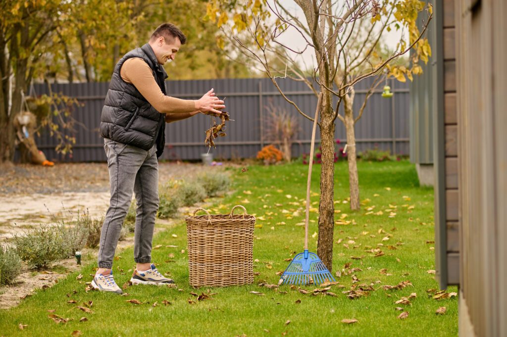 Man sideways to camera pouring leaves into basket