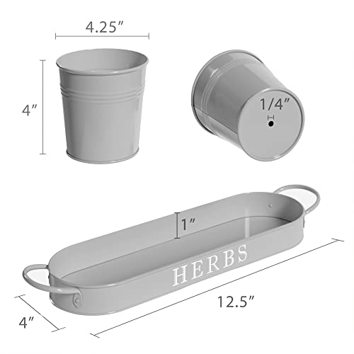 Barnyard Designs Indoor Herb Garden Planter Set with Tray, Metal Windowsill Plant Pots with Drainage for Outdoor or Indoor Plants, Set/3 (Cool Grey)