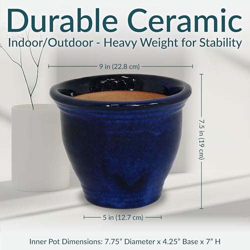 Sunnydaze Round Ceramic Planter - Set of 2 Indoor or Outdoor Plant Pots with Drainage Hole - 9