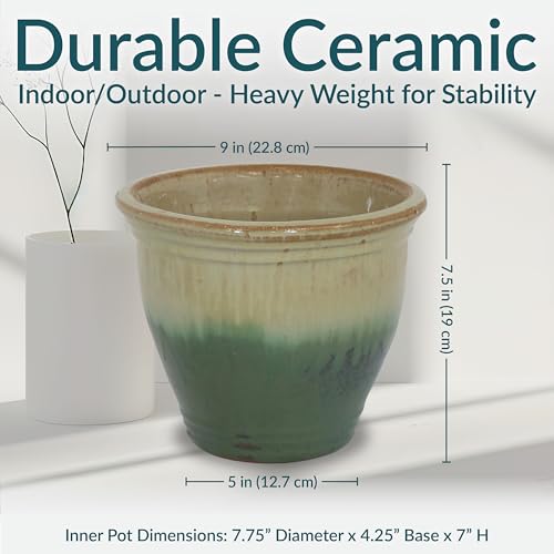 Sunnydaze Round Ceramic Planter - Set of 2 Indoor or Outdoor Plant Pots with Drainage Hole - 9