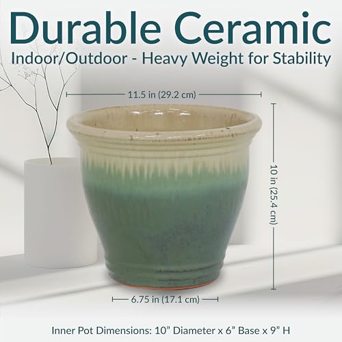 Sunnydaze Round Ceramic Planter - Set of 2 Indoor or Outdoor Plant Pots with Drainage Hole - 11