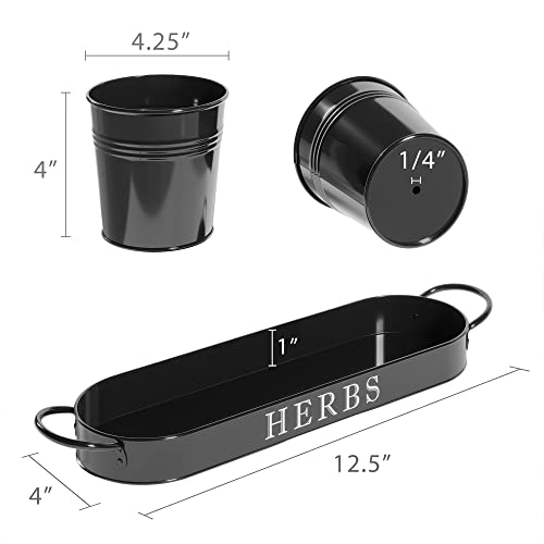 Barnyard Designs Indoor Herb Garden Planter Set with Tray, Metal Windowsill Plant Pots with Drainage for Outdoor or Indoor Plants, Set/3 (Black)