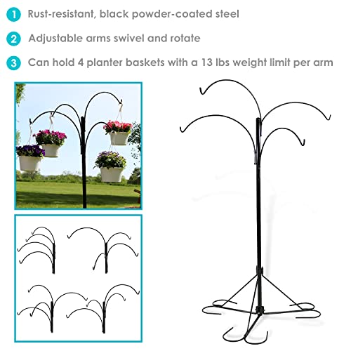 Sunnydaze 4-Arm Hanging Basket Plant Stand with Adjustable Arms - Black - 84