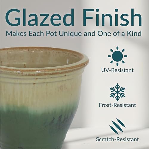 Sunnydaze Round Ceramic Planter - Set of 2 Indoor or Outdoor Plant Pots with Drainage Hole - 9