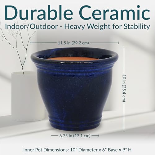 Sunnydaze Round Ceramic Planter - Set of 2 Indoor or Outdoor Plant Pots with Drainage Hole - 11
