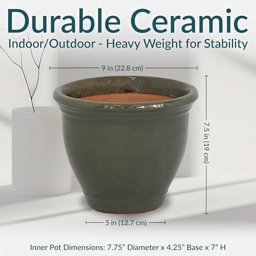 Sunnydaze Round Ceramic Planter - Set of 2 Indoor or Outdoor Plant Pots with Drainage Hole - 9