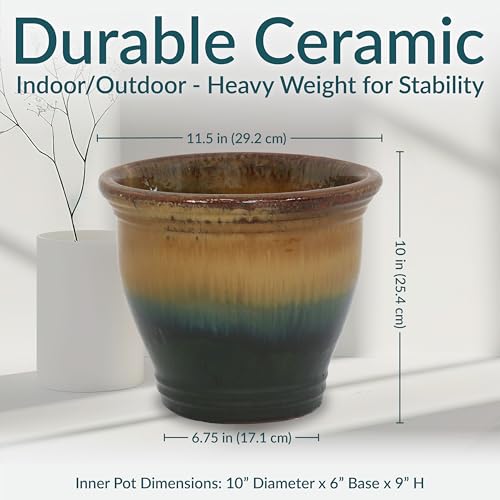 Sunnydaze Round Ceramic Planter - Set of 2 Indoor or Outdoor Plant Pots with Drainage Hole - 11