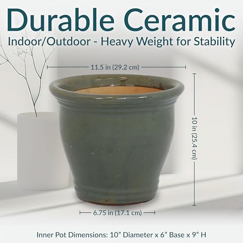 Sunnydaze Round Ceramic Planter - Set of 2 Indoor or Outdoor Plant Pots with Drainage Hole - 11