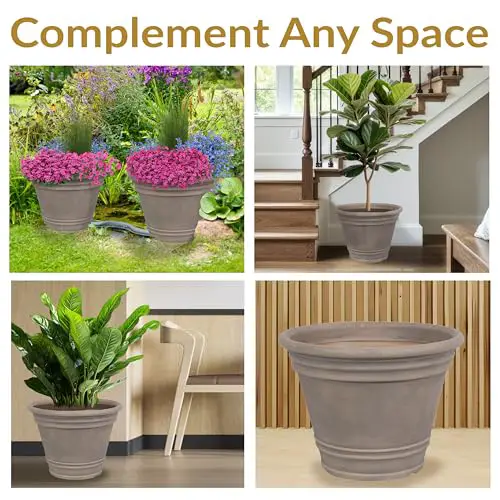 Sunnydaze 20-Inch Franklin Large Plant Pot - Polyresin Round Outdoor Planter with Drillable Drainage Hole - Beige