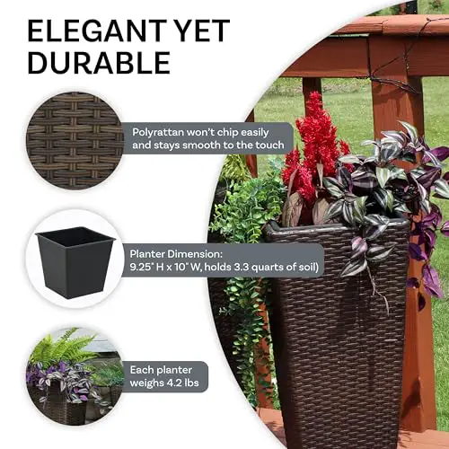 Sunnydaze Set of 2 Square Tall Wicker Planters - Polyrattan Rectangular Large Outdoor Planters - 24-Inches Tall - Brown
