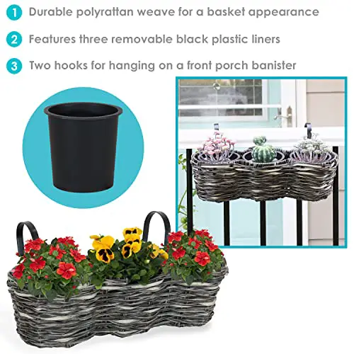 Sunnydaze Round Polyrattan Outdoor Over-The-Rail Tri-Planter with 3 Black Liners - Indoor and Outdoor Use - Charcoal
