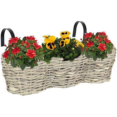 Sunnydaze Indoor/Outdoor Round Polyrattan Over-The-Rail Tri-Planter with 3 Black Liners - Frost