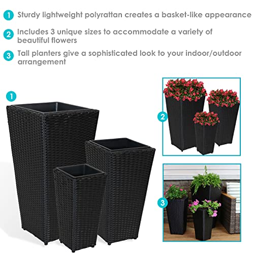 Sunnydaze Set of 3 Square Tall Wicker Planters - Polyrattan Large Outdoor Planters - 9
