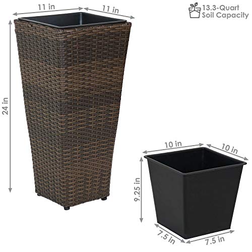 Sunnydaze Set of 2 Square Tall Wicker Planters - Polyrattan Rectangular Large Outdoor Planters - 24-Inches Tall - Brown