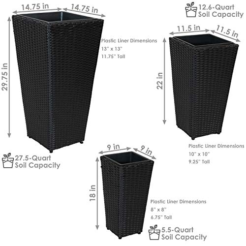 Sunnydaze Set of 3 Square Tall Wicker Planters - Polyrattan Large Outdoor Planters - 9