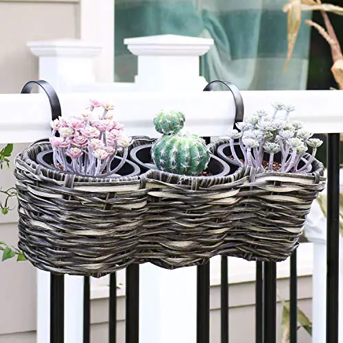 Sunnydaze Round Polyrattan Outdoor Over-The-Rail Tri-Planter with 3 Black Liners - Indoor and Outdoor Use - Charcoal