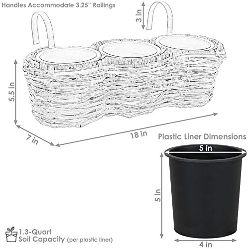 Sunnydaze Round Polyrattan Outdoor Over-The-Rail Tri-Planter with 3 Black Liners - Indoor and Outdoor Use - Charcoal