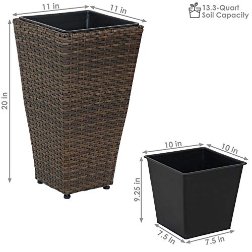 Sunnydaze Set of 2 Square Tall Wicker Planters - Polyrattan Rectangular Large Outdoor Planters - 20-Inches Tall - Brown