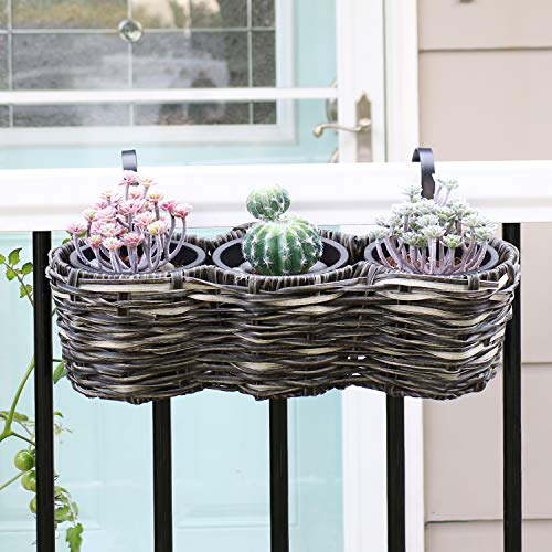 Sunnydaze Round Polyrattan Outdoor Over-The-Rail Tri-Planter with 3 Black Liners - Indoor and Outdoor Use - Charcoal