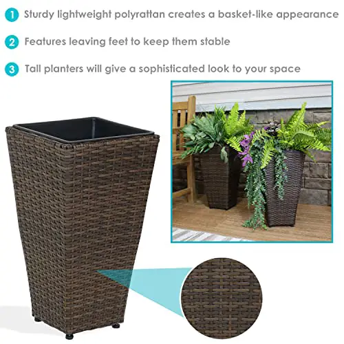 Sunnydaze Set of 2 Square Tall Wicker Planters - Polyrattan Rectangular Large Outdoor Planters - 20-Inches Tall - Brown