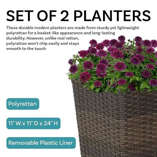 Sunnydaze Set of 2 Square Tall Wicker Planters - Polyrattan Rectangular Large Outdoor Planters - 24-Inches Tall - Brown
