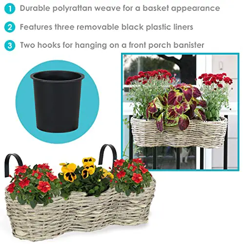 Sunnydaze Indoor/Outdoor Round Polyrattan Over-The-Rail Tri-Planter with 3 Black Liners - Frost