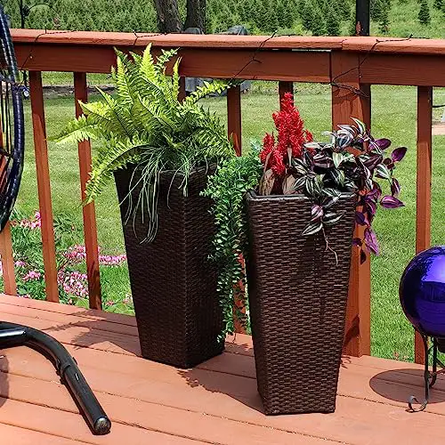 Sunnydaze Set of 2 Square Tall Wicker Planters - Polyrattan Rectangular Large Outdoor Planters - 24-Inches Tall - Brown