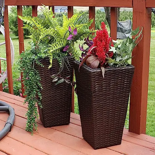 Sunnydaze Set of 2 Square Tall Wicker Planters - Polyrattan Rectangular Large Outdoor Planters - 20-Inches Tall - Brown