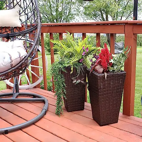 Sunnydaze Set of 2 Square Tall Wicker Planters - Polyrattan Rectangular Large Outdoor Planters - 20-Inches Tall - Brown