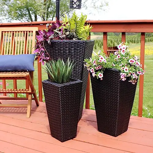 Sunnydaze Set of 3 Square Tall Wicker Planters - Polyrattan Large Outdoor Planters - 9