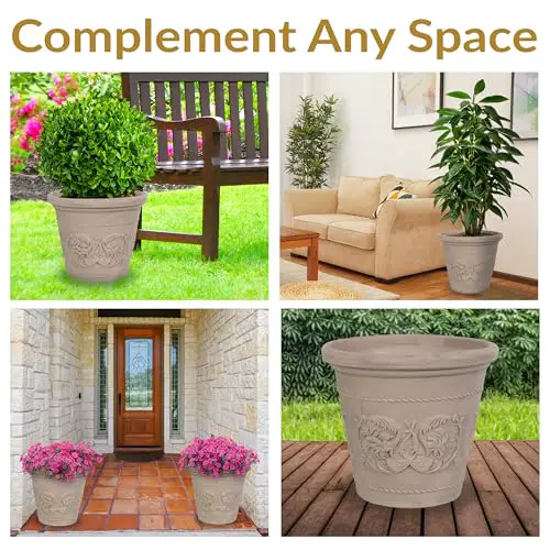 Sunnydaze 19.5-Inch Arabella Large Plant Pot - Polyresin Round Outdoor Planter with Drillable Drainage Holes - 2 Pack - Beige