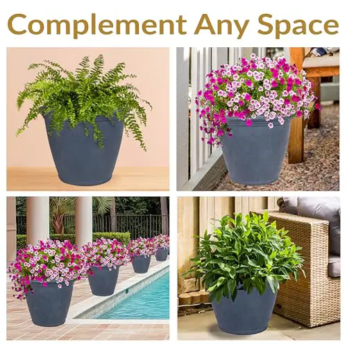 Sunnydaze 24-Inch Anjelica Large Plastic Pot for Plants - Outdoor Polyresin Round Planter with Drillable Drainage Holes - Slate - 2pk